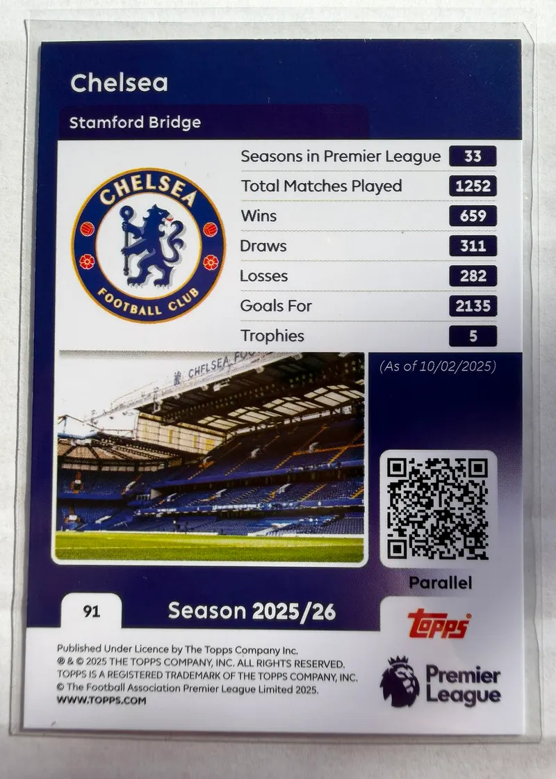Chelsea FC, Topps Premier League Debut Edition 2025/26 nr 91 — rewers z bilansem klubu w Premier League i zdjęciem Stamford Bridge