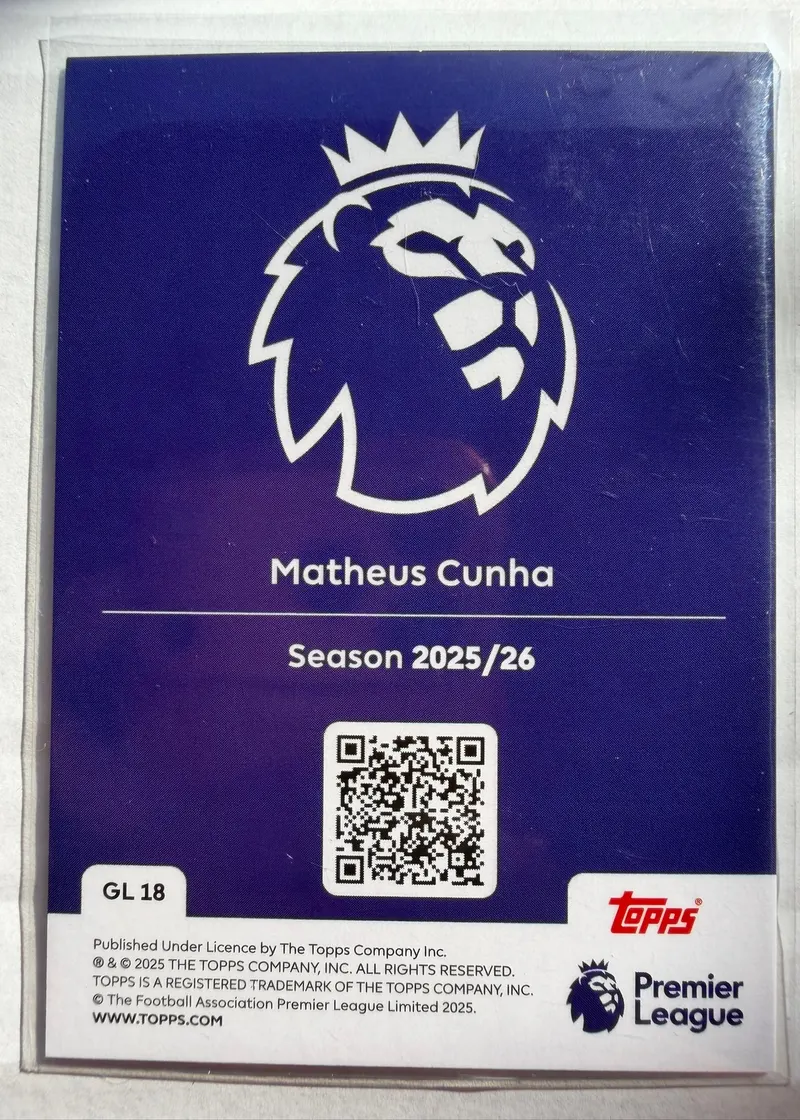 Matheus Cunha, Topps Premier League Debut Edition 2025/26 — złoty rewers karty GL 18 z logo Premier League