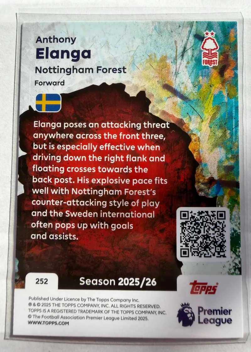 Anthony Elanga, Topps Premier League Debut Edition 2025/26 — rewers karty 252 z opisem gry na prawym skrzydle