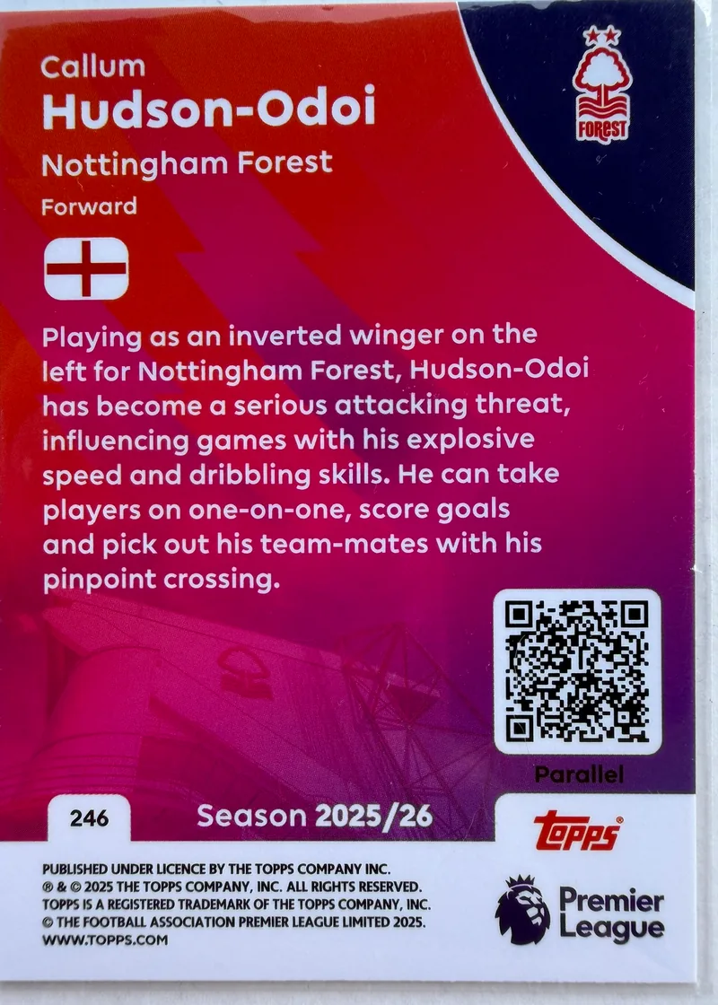 Callum Hudson-Odoi, Topps Premier League Debut Edition 2025/26 nr 246 Yellow Parallel — rewers z opisem zawodnika i oznaczeniem Parallel