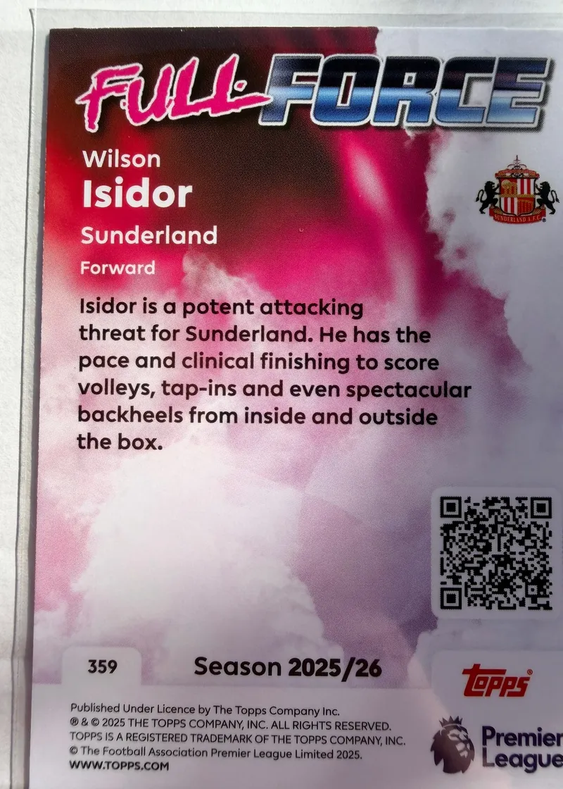 Wilson Isidor, Topps Premier League Debut Edition 2025/26 — rewers karty 359 z opisem skuteczności napastnika Sunderlandu
