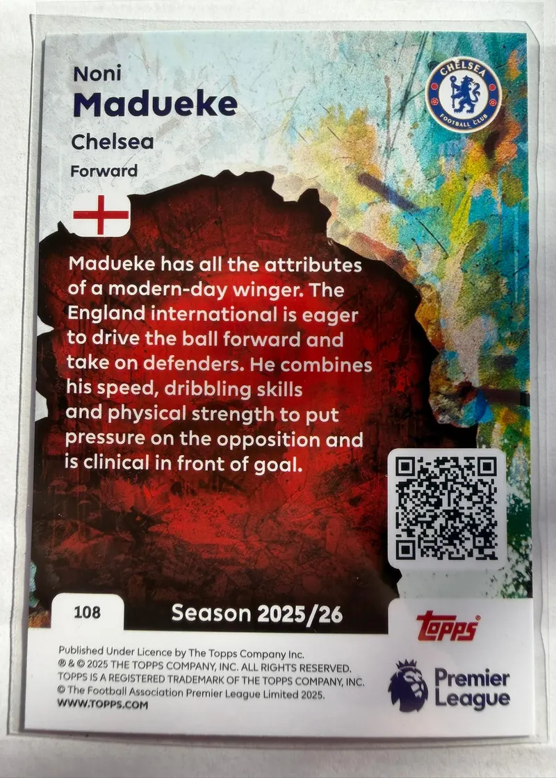 Noni Madueke, Topps Premier League Debut Edition 2025/26 — rewers karty 108 z opisem gry skrzydłowego Chelsea