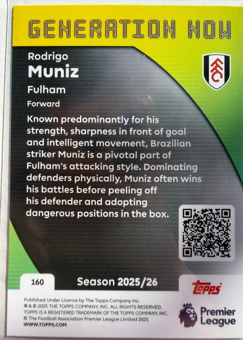 Rodrigo Muniz, Topps Premier League Debut Edition 2025/26 — rewers karty 160 z opisem gry napastnika Fulham