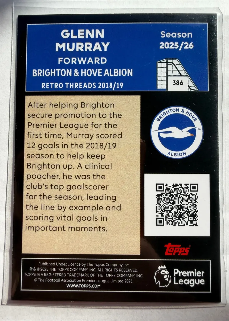 Glenn Murray, Topps Premier League Debut Edition 2025/26 — rewers karty 386 z opisem sezonu 2018/19 w Brighton