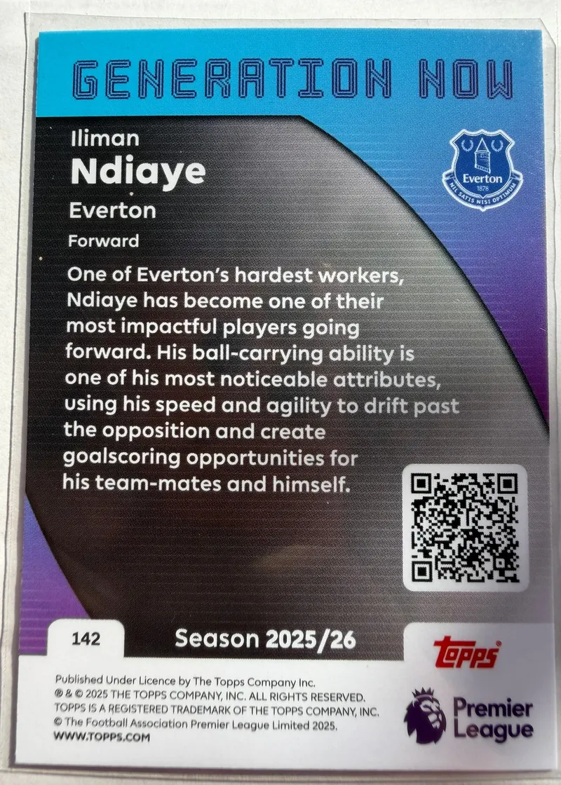 Iliman Ndiaye, Topps Premier League Debut Edition 2025/26 — rewers karty 142 z opisem gry w Evertonie