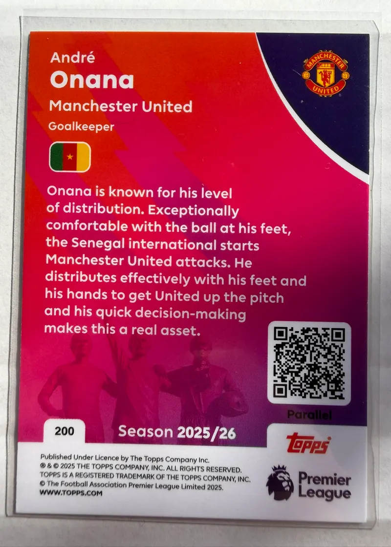 André Onana, Topps Premier League Debut Edition 2025/26 nr 200 Yellow Parallel — rewers z opisem gry bramkarza i flagą Kamerunu