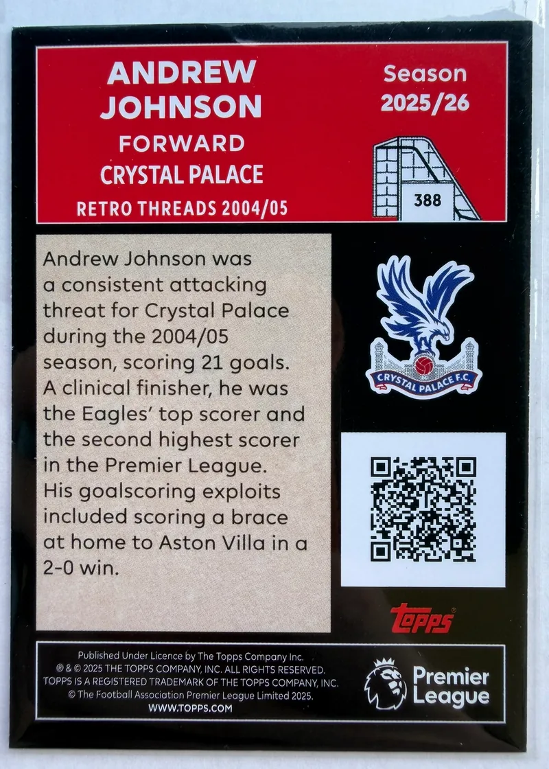 Andrew Johnson, Topps Premier League Debut Edition 2025/26 Retro Threads 2004/05 nr 388 — rewers z opisem sezonu 2004/05
