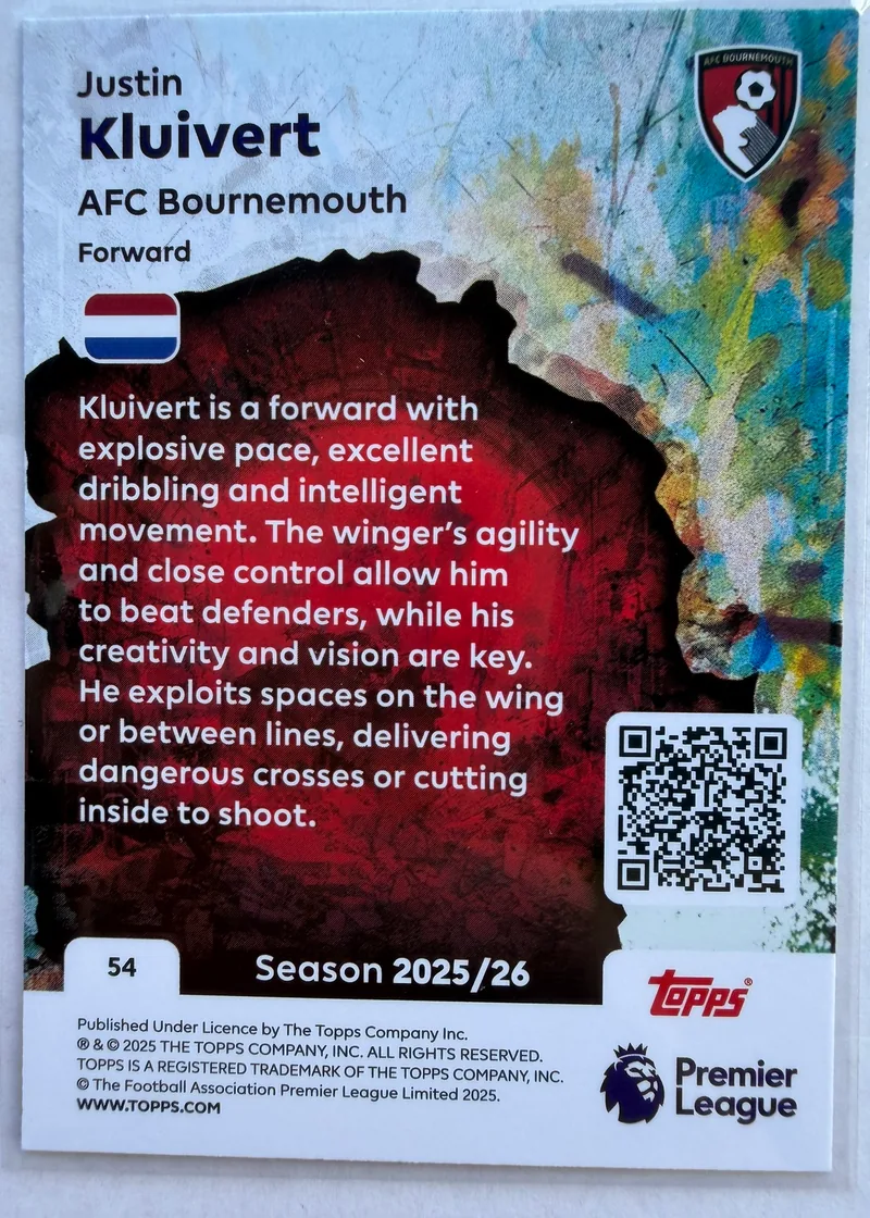 Justin Kluivert, Topps Premier League Debut Edition 2025/26 Tekkers nr 54 — rewers z opisem holenderskiego napastnika