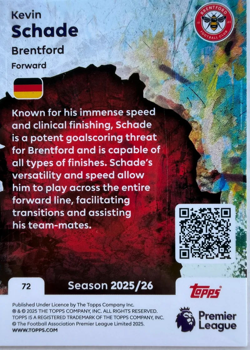 Kevin Schade, Topps Premier League Debut Edition 2025/26 Tekkers nr 72 — rewers z opisem niemieckiego napastnika