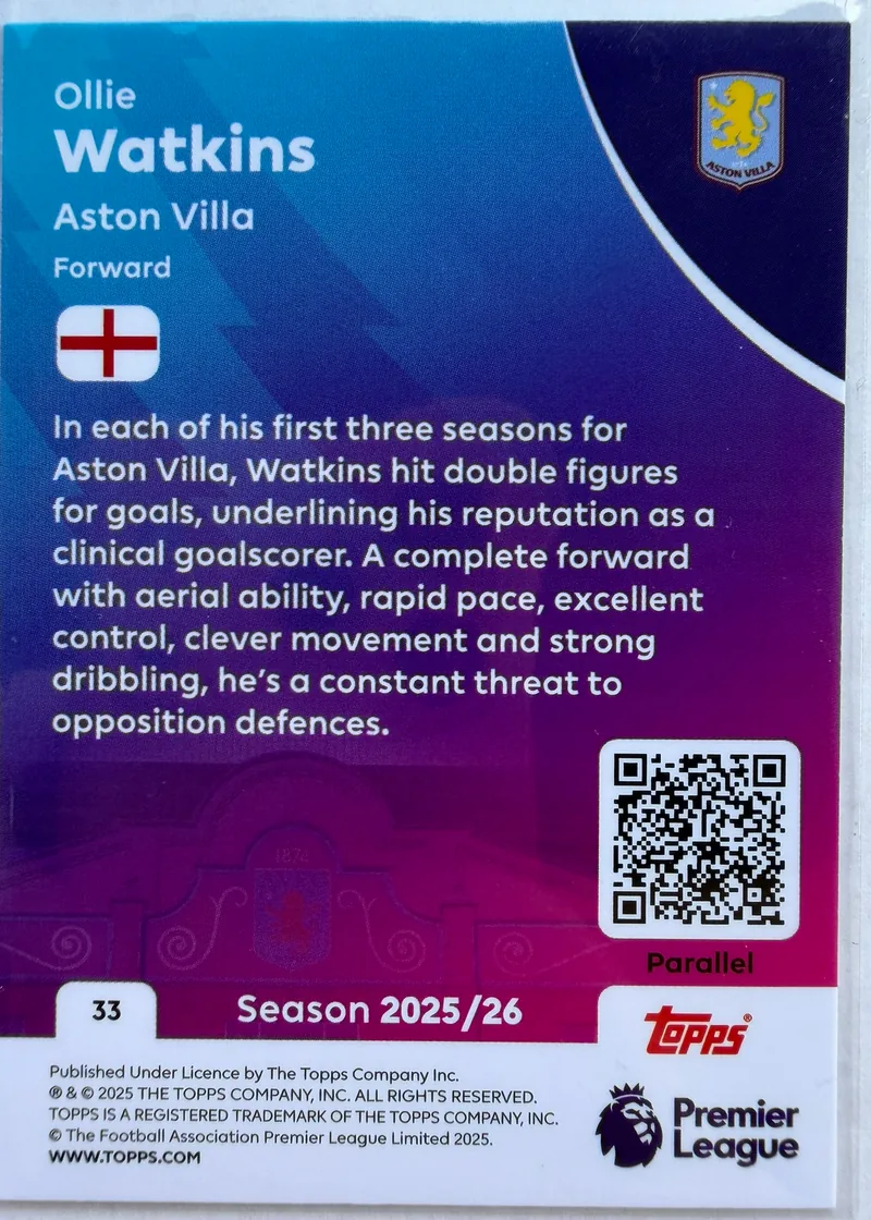 Ollie Watkins, Topps Premier League Debut Edition 2025/26 nr 33 Blue Parallel — rewers z opisem angielskiego napastnika