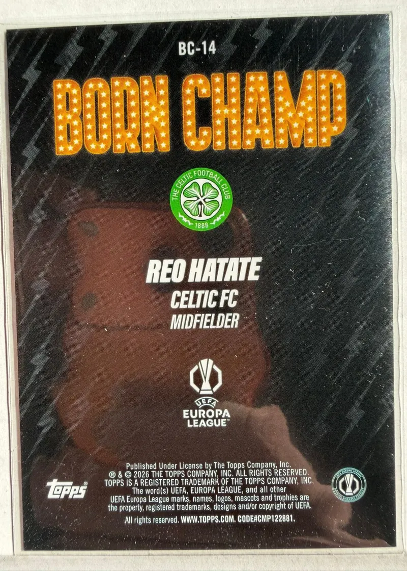 Reo Hatate, Topps UEFA Club Competitions 2025/26 Born Champ, karta BC-14 — rewers z herbem Celtiku, logo Ligi Europy i nazwą podserii