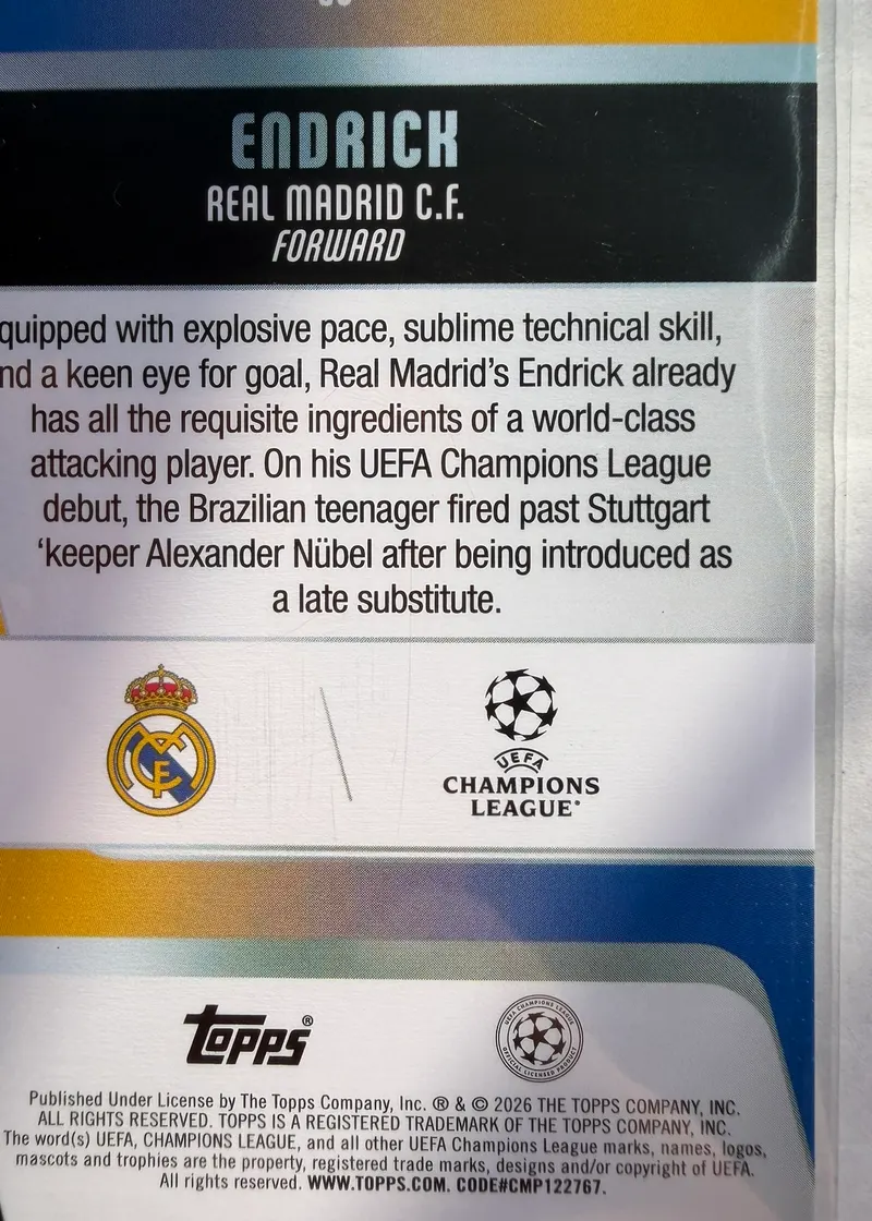 Endrick, Topps UEFA Club Competitions 2025/26 Future Stars, karta 86 — rewers z herbem Realu Madryt, logo Ligi Mistrzów i opisem zawodnika