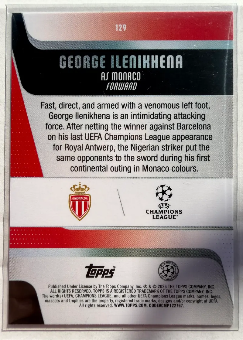 George Ilenikhena, Topps UEFA Club Competitions 2025/26, karta 129 — rewers z herbem Monaco, logo Ligi Mistrzów i opisem zawodnika