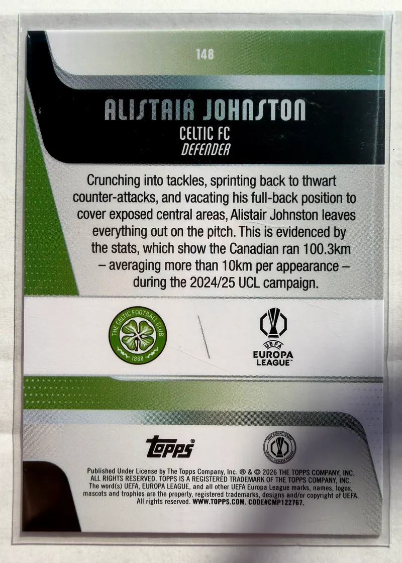 Alistair Johnston, Topps UEFA Club Competitions 2025/26, karta 148 — rewers z herbem Celtiku, logo Ligi Europy i opisem zawodnika
