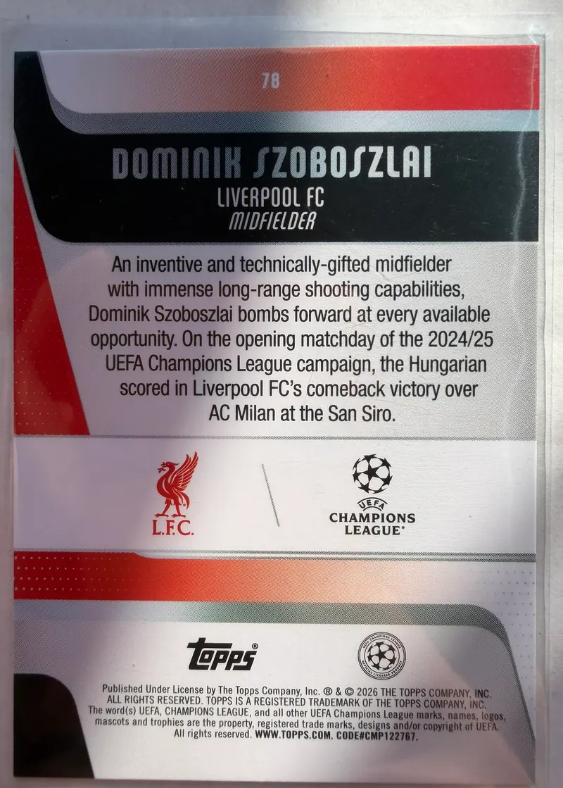Dominik Szoboszlai, Topps UEFA Club Competitions 2025/26, karta 78 — rewers z herbem Liverpoolu, logo Ligi Mistrzów i opisem zawodnika