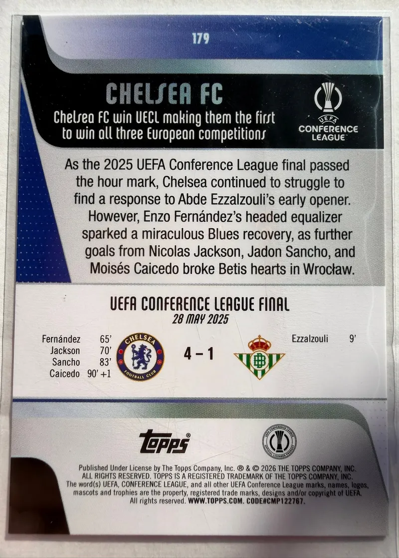 Chelsea FC, Topps UEFA Club Competitions 2025/26, karta 179 — rewers z protokołem finału Ligi Konferencji 2025 i wynikiem 4:1 z Realem Betis