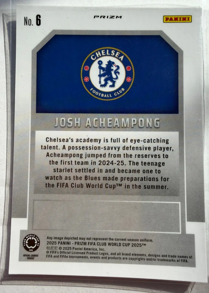 Josh Acheampong, Panini Prizm FIFA Club World Cup 2025 — rewers karty 6 z herbem Chelsea FC