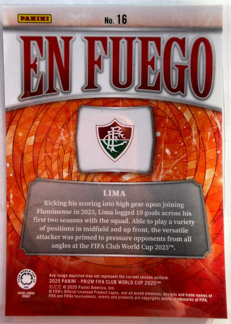 Lima, Panini Prizm FIFA Club World Cup 2025 — rewers karty 16 z pomarańczowym tłem i herbem Fluminense