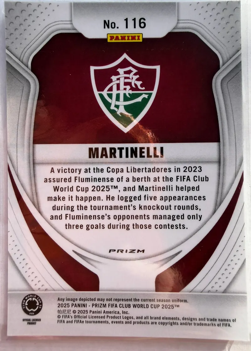 Martinelli, Panini Prizm FIFA Club World Cup 2025 — rewers karty 116 z herbem Fluminense