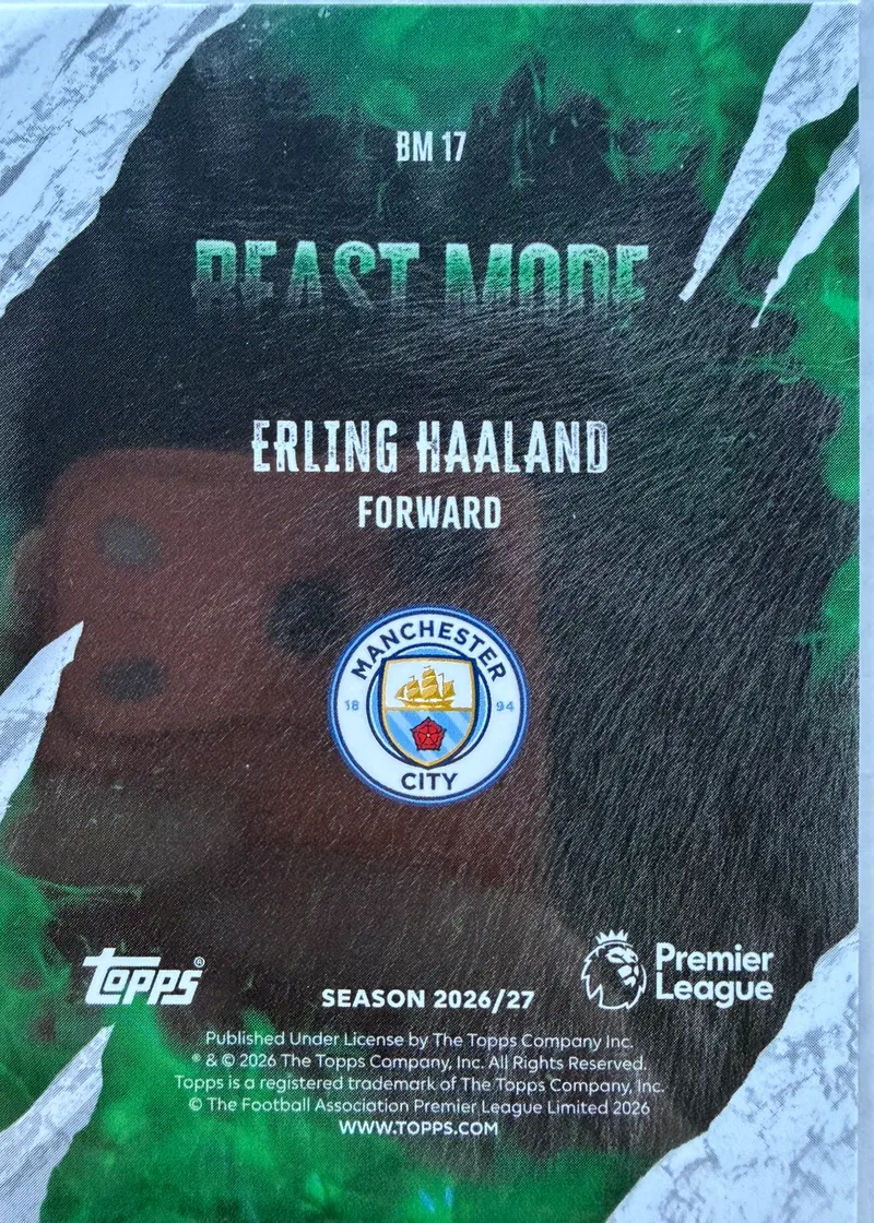 Erling Haaland, Topps Premier League 2026/27 Beast Mode BM 17 — rewers z herbem Manchesteru City