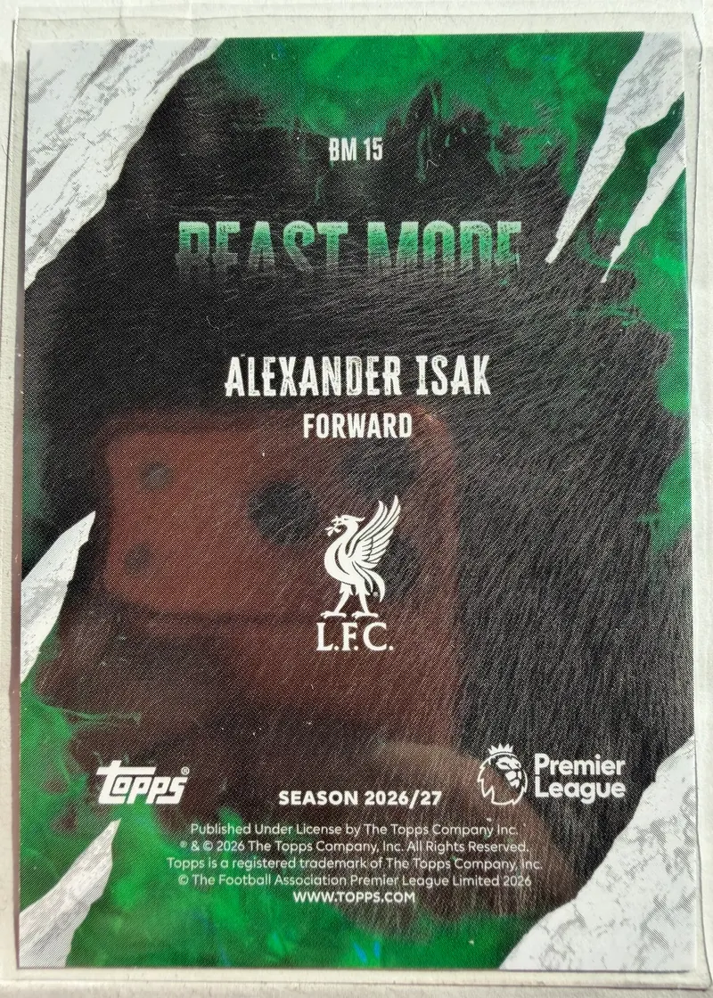 Alexander Isak, Topps Premier League 2026/27 — rewers karty BM 15 z herbem Liverpoolu