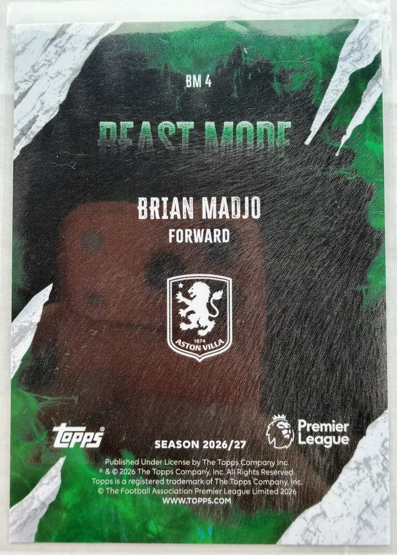 Brian Madjo, Topps Premier League 2026/27 — rewers karty BM 4 z herbem Aston Villi na ciemnym tle