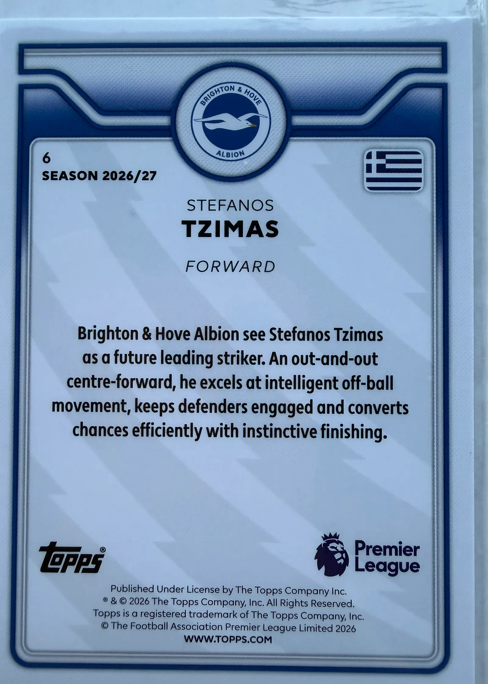 Stefanos Tzimas, Topps Premier League 2026/27 Future Stars nr 6 — rewers z opisem zawodnika i herbem Brighton