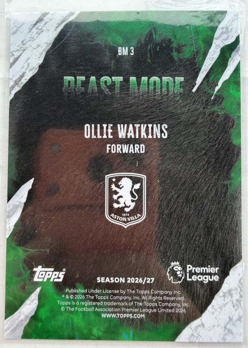 Ollie Watkins, Topps Premier League 2026/27 — rewers karty BM 3 z herbem Aston Villi na ciemnym tle