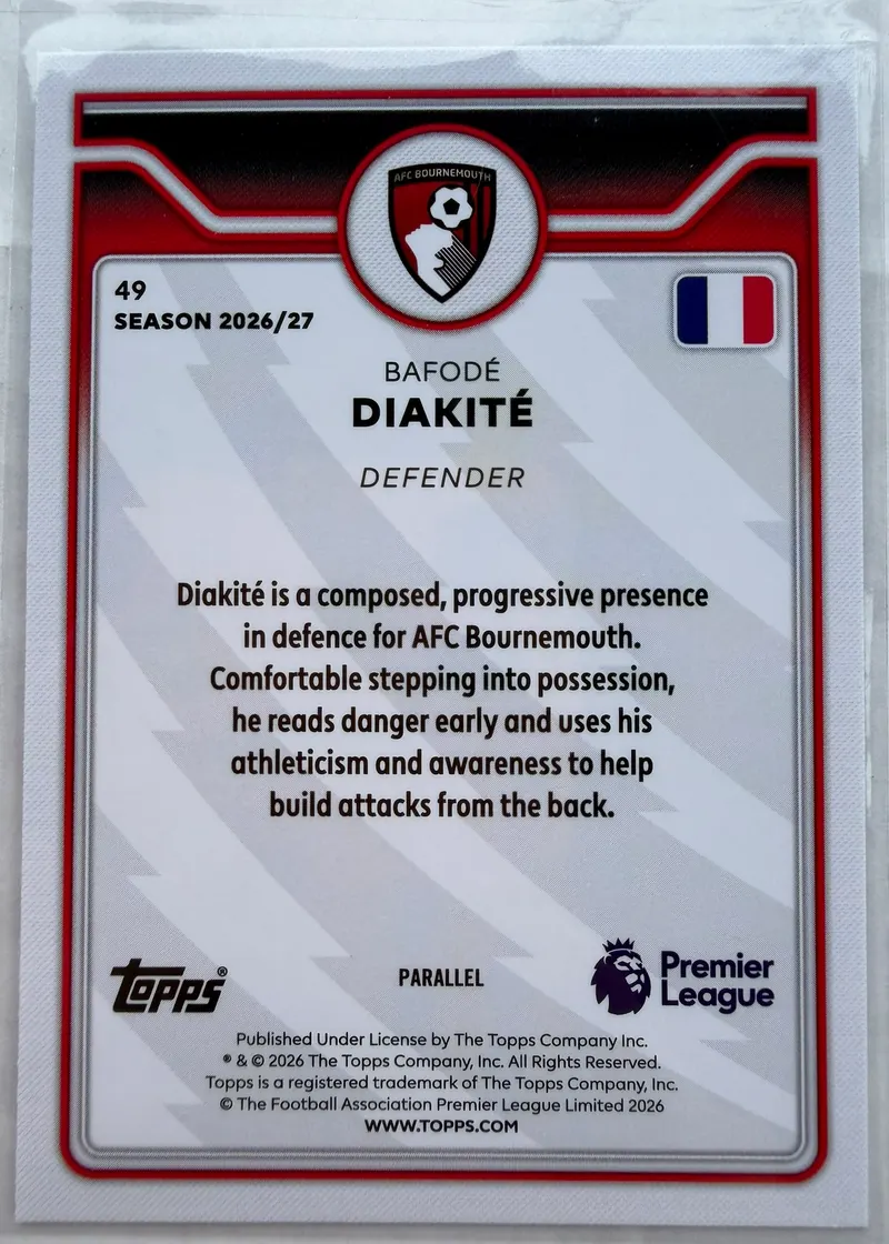 Bafodé Diakité, Topps Premier League 2026/27 nr 49 Purple Voltage — rewers z opisem gry stopera, francuską flagą i oznaczeniem PARALLEL