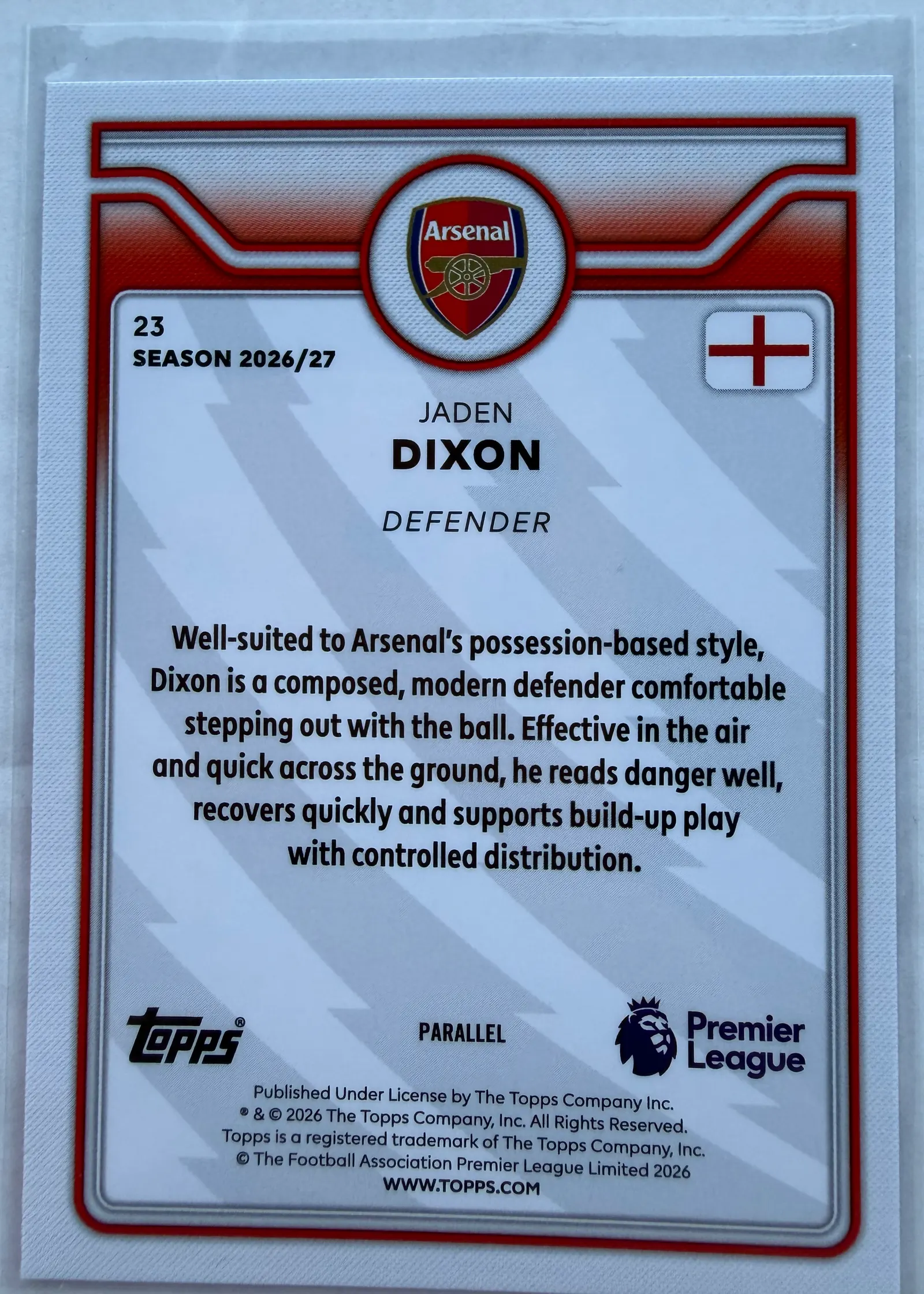 Jaden Dixon, Topps Premier League 2026/27 nr 23 — rewers z opisem zawodnika i oznaczeniem PARALLEL
