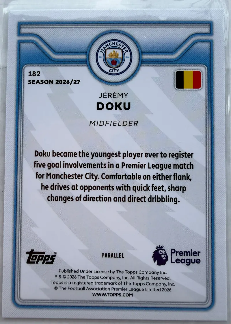 Jérémy Doku, Topps Premier League 2026/27 nr 182 Purple Voltage — rewers z rekordem zawodnika, belgijską flagą i oznaczeniem PARALLEL