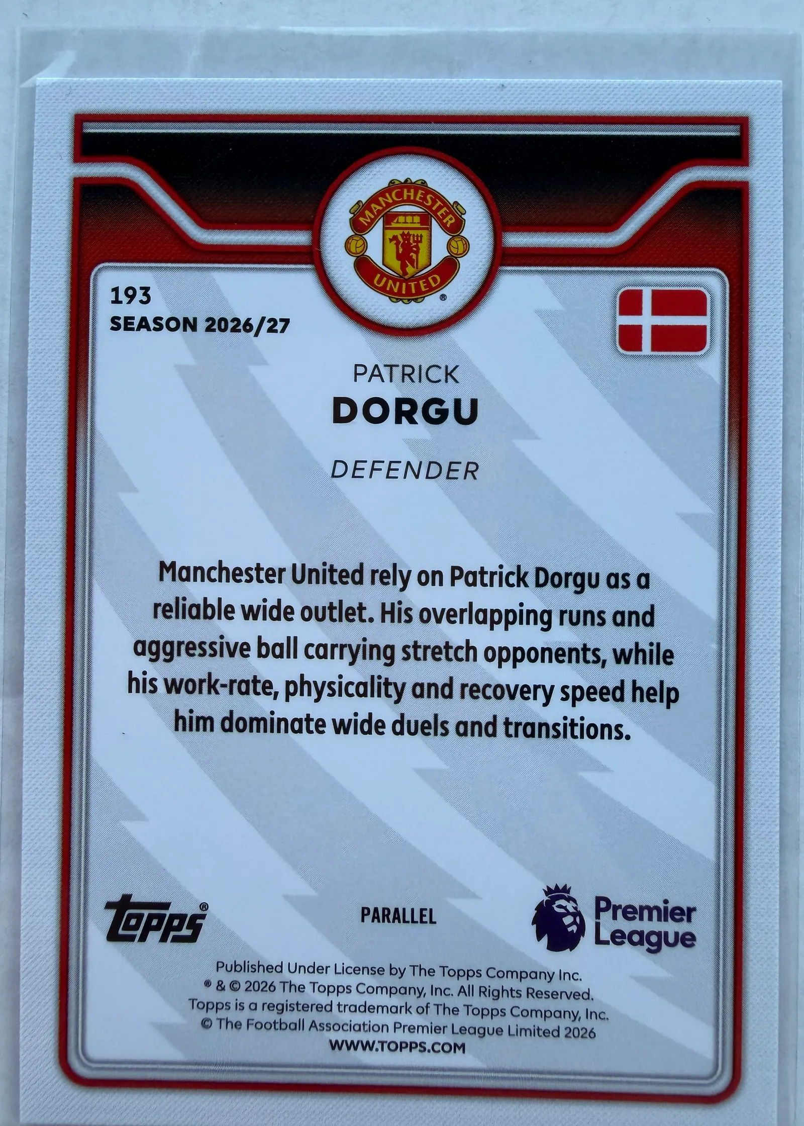 Patrick Dorgu, Topps Premier League 2026/27 nr 193 — rewers z opisem zawodnika i oznaczeniem PARALLEL