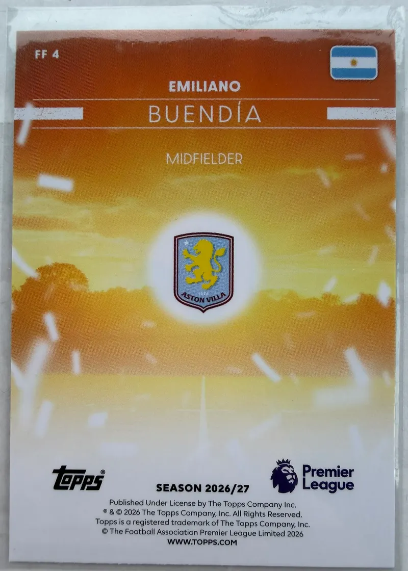 Emiliano Buendía, Topps Premier League 2026/27 — rewers karty FF 4 z argentyńską flagą i herbem Aston Villi nad zachodem słońca