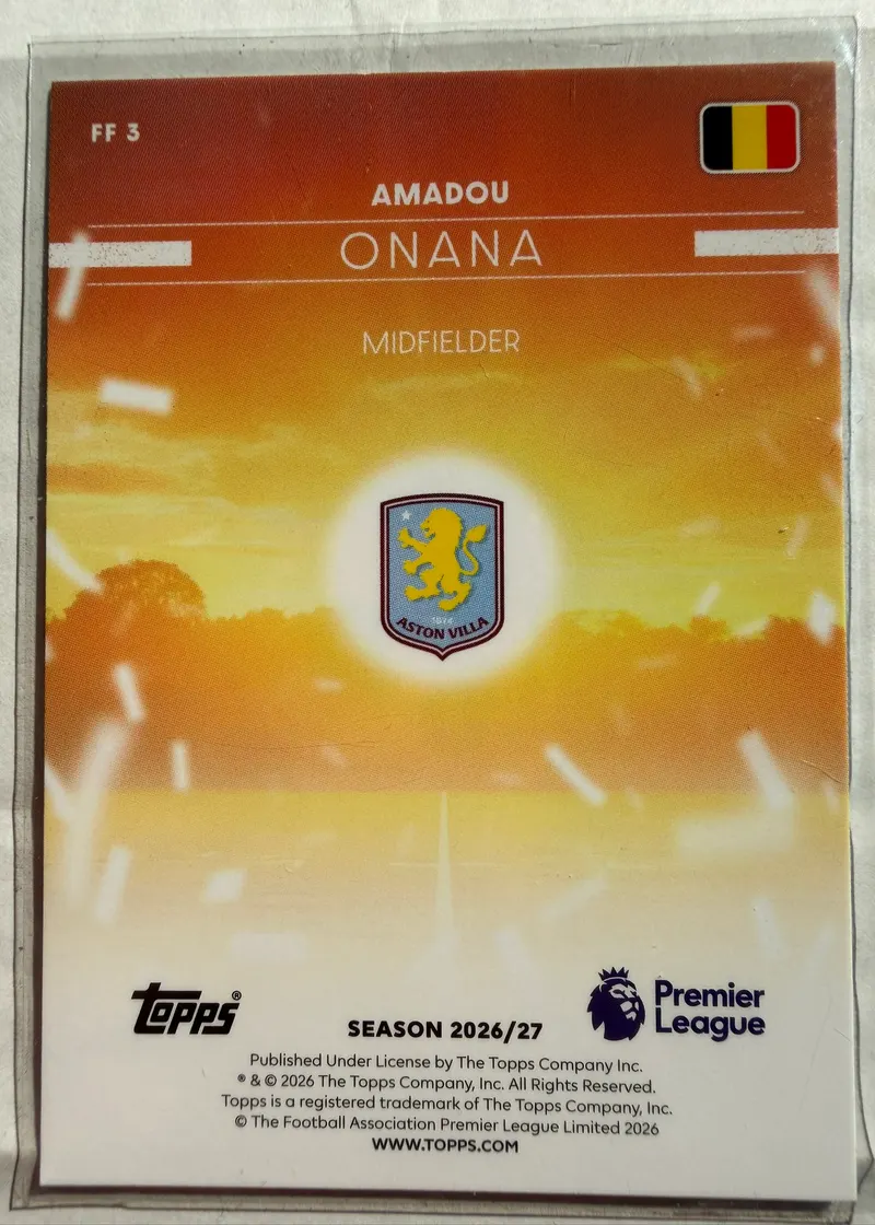 Amadou Onana, Topps Premier League 2026/27 — rewers karty FF 3 z flagą Belgii i herbem Aston Villi
