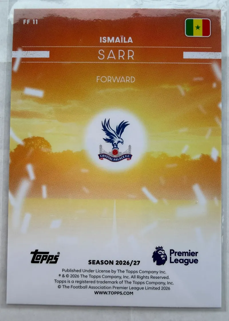 Ismaïla Sarr, Topps Premier League 2026/27 — rewers karty FF 11 z senegalską flagą i herbem Crystal Palace nad zachodem słońca