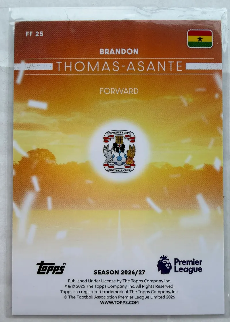 Brandon Thomas-Asante, Topps Premier League 2026/27 — rewers karty FF 25 z ghańską flagą i herbem Coventry City nad zachodem słońca