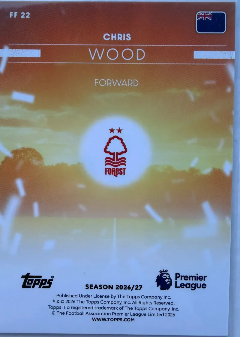 Chris Wood, Topps Premier League 2026/27 Flying the Flag FF 22 — rewers z flagą Nowej Zelandii i herbem Nottingham Forest