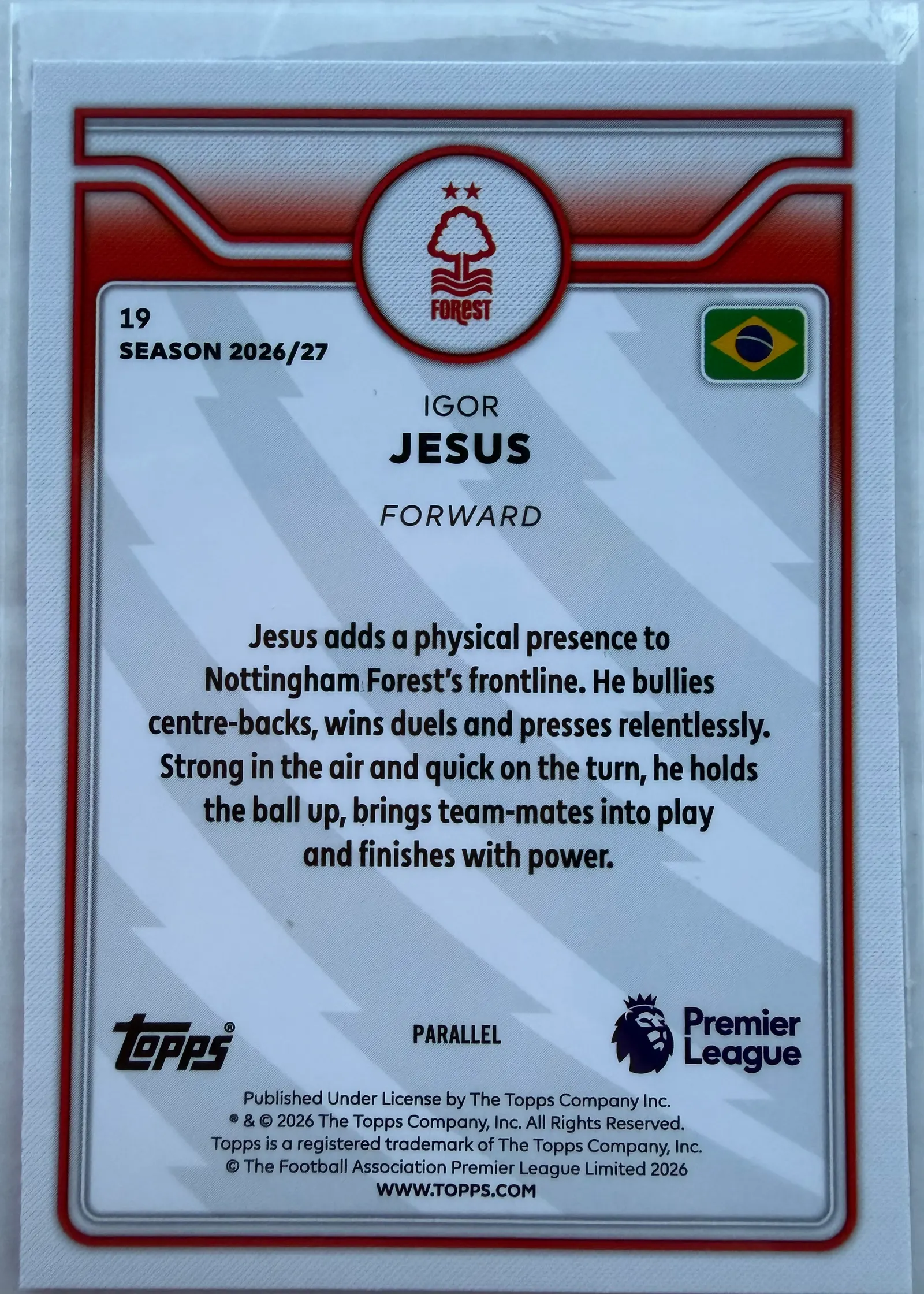 Igor Jesus, Topps Premier League 2026/27 nr 19 — rewers z opisem zawodnika i oznaczeniem PARALLEL
