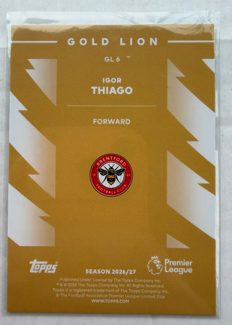 Igor Thiago, Topps Premier League 2026/27 — rewers karty GL 6, cały w złocie, z herbem Brentfordu