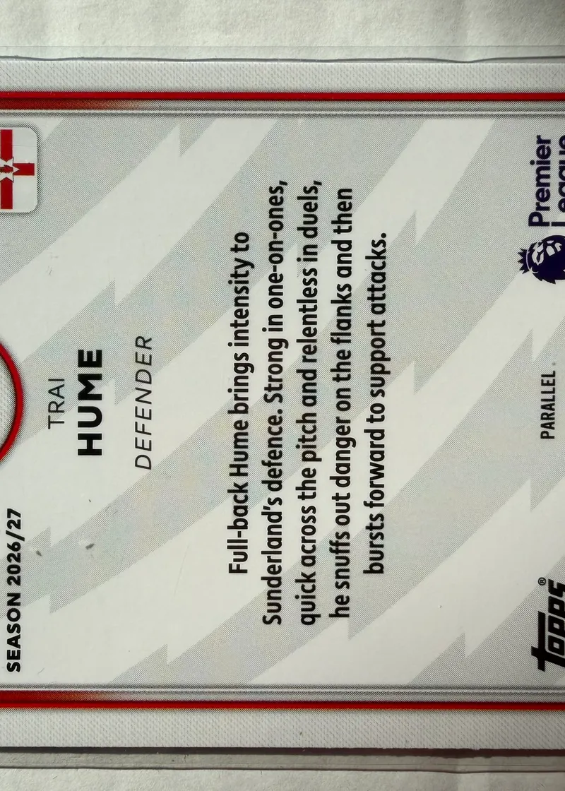Trai Hume, Topps Premier League 2026/27 nr 231 — rewers z herbem Sunderlandu i oznaczeniem PARALLEL