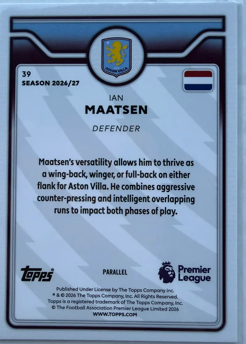 Ian Maatsen, Topps Premier League 2026/27 nr 39 Purple Voltage — rewers z oznaczeniem parallel i herbem Aston Villi