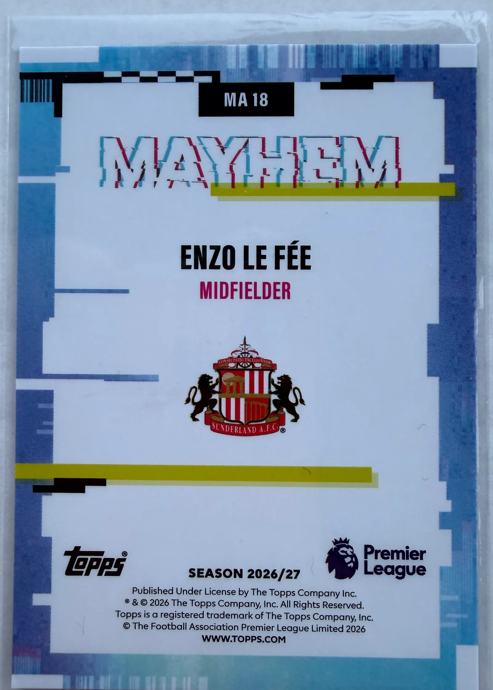 Enzo Le Fée, Topps Premier League 2026/27 Mayhem MA 18 — rewers z herbem Sunderlandu i numerem MA 18