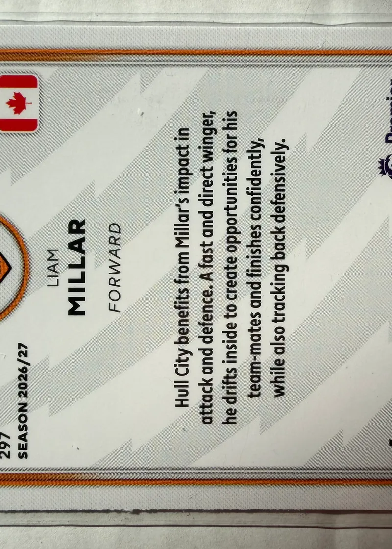 Liam Millar, Topps Premier League 2026/27 nr 297 — rewers z herbem Hull City i oznaczeniem PARALLEL