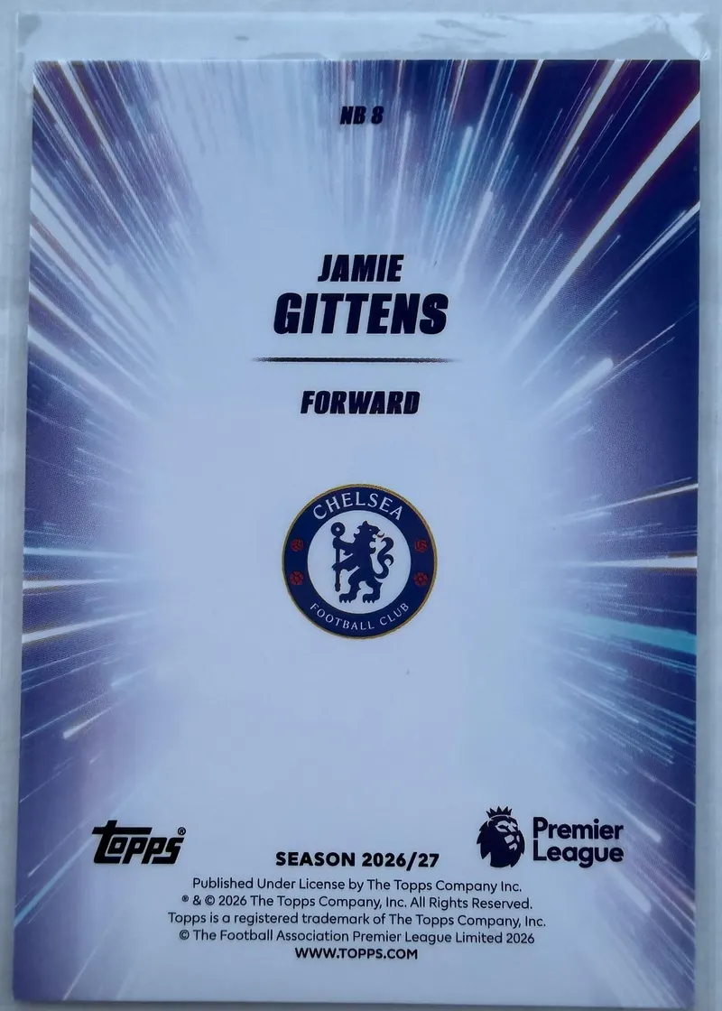 Jamie Gittens, Topps Premier League 2026/27 Nitro Boost NB 8 — rewers z herbem Chelsea