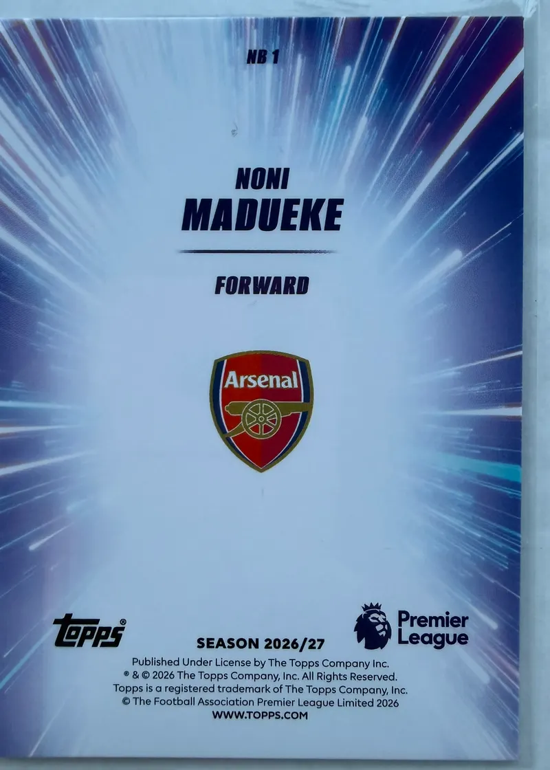 Noni Madueke, Topps Premier League 2026/27 Nitro Boost NB 1 — rewers z herbem Arsenalu