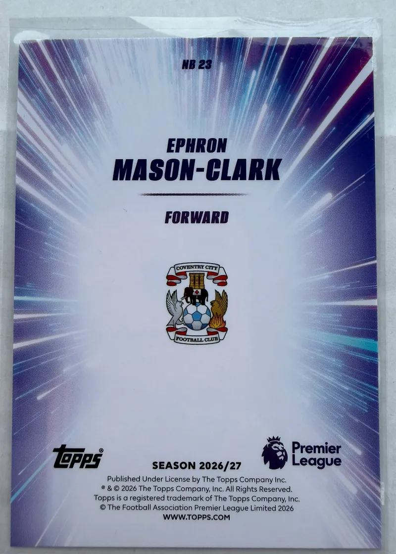 Ephron Mason-Clark, Topps Premier League 2026/27 — rewers karty NB 23 z herbem Coventry City na tle rozciągniętych smug