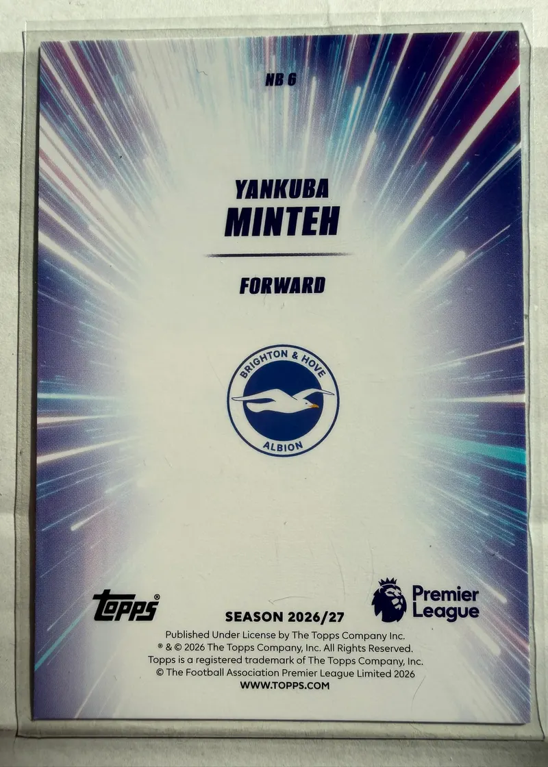 Yankuba Minteh, Topps Premier League 2026/27 — rewers karty NB 6 z tłem rozciągniętym w smugi światła