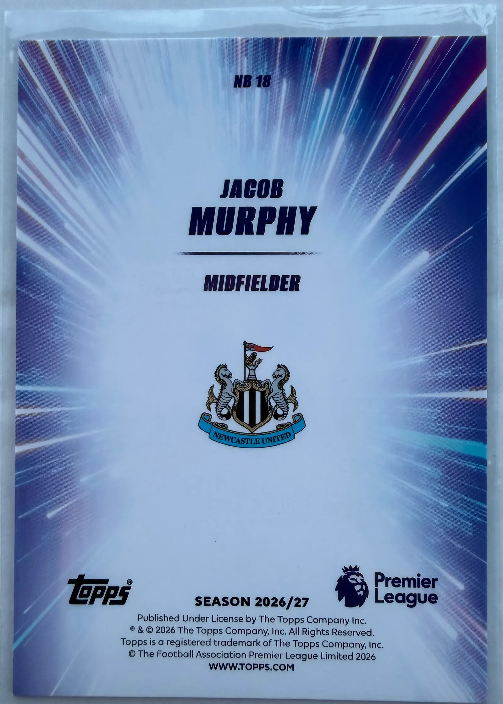 Jacob Murphy, Topps Premier League 2026/27 Nitro Boost NB 18 — rewers z herbem Newcastle United i numerem NB 18