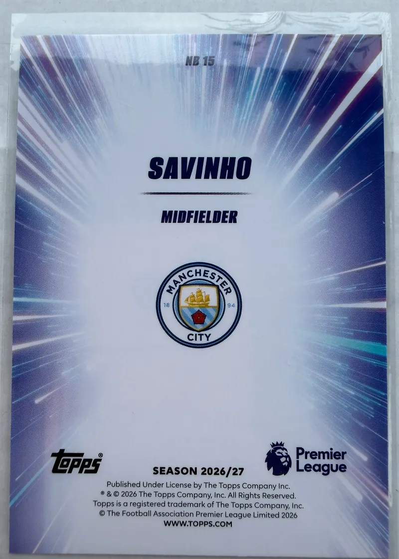 Savinho, Topps Premier League 2026/27 — rewers karty NB 15 z herbem Manchesteru City
