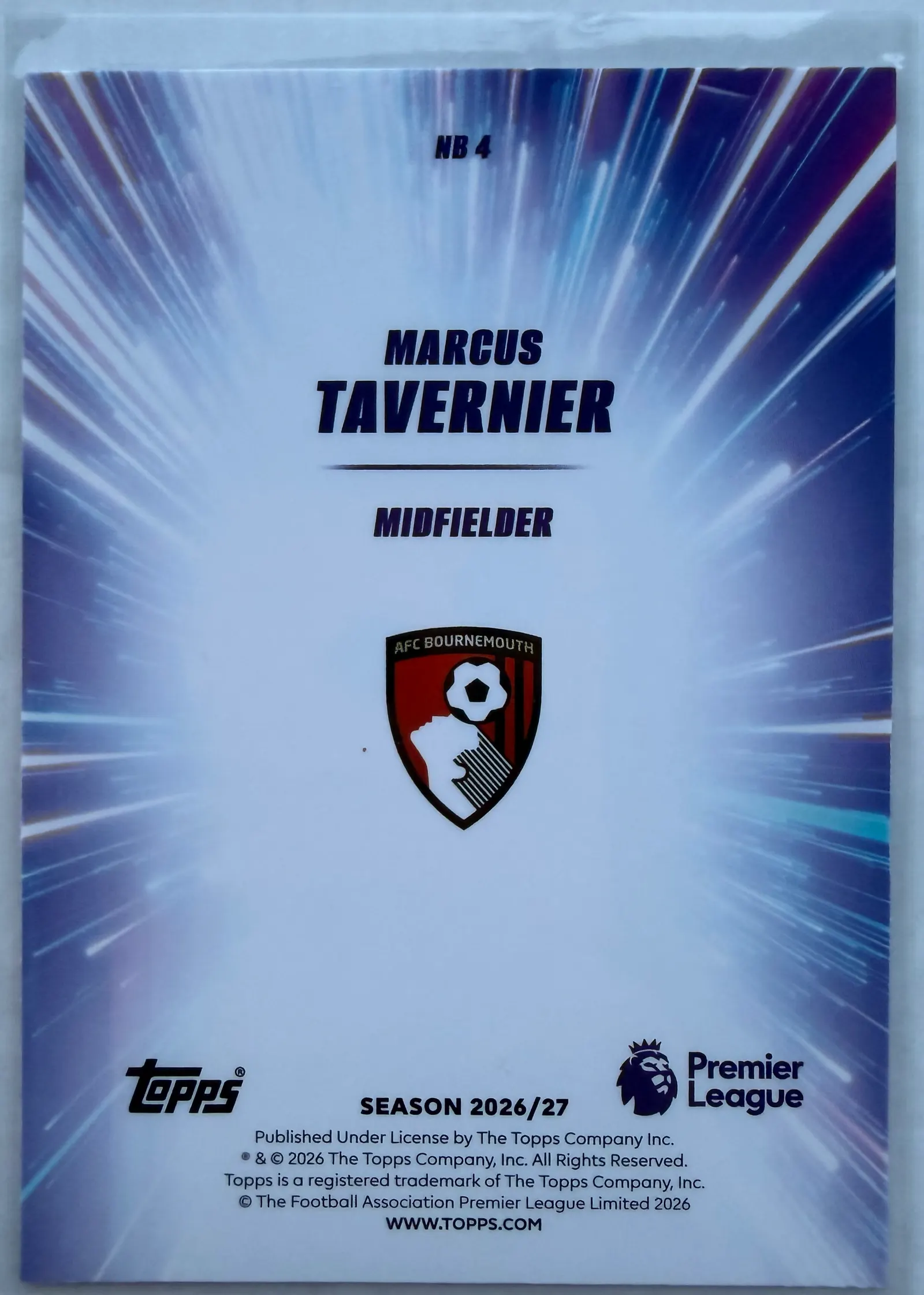 Marcus Tavernier, Topps Premier League 2026/27 Nitro Boost NB 4 — rewers z herbem AFC Bournemouth i numerem NB 4